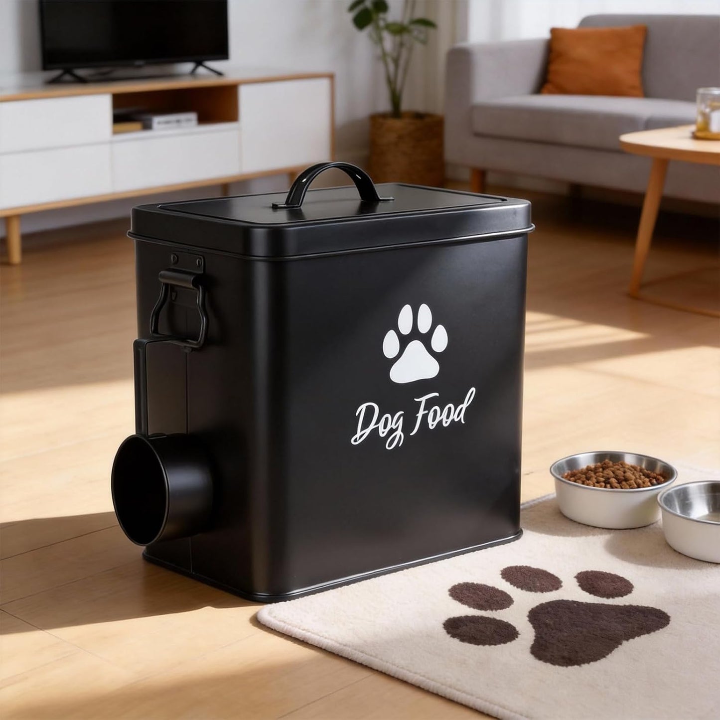 Dog Food Container 13lb, Cute Airtight Pet Food Storage Containers with Metal Lid Scoop, Black Metal Storage Bin for Dog/Cat with Wheels,Easy to Move