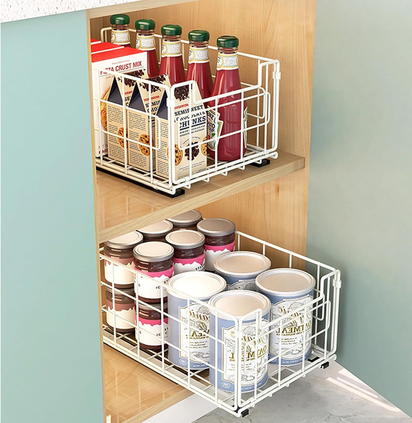 2Pack Wire Storage Bins Baskets,13.8inch Large Foldable Organizer Multipurpose Steel Basket Pantry Storage Bin Rack with Handle for Kitchen Cabinets, Pantry, Freezer, Bathroom,Closets 35x21.5x16 cm