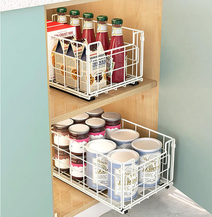2Pack Wire Storage Bins Baskets,13.8inch Large Foldable Organizer Multipurpose Steel Basket Pantry Storage Bin Rack with Handle for Kitchen Cabinets, Pantry, Freezer, Bathroom,Closets 35x21.5x16 cm