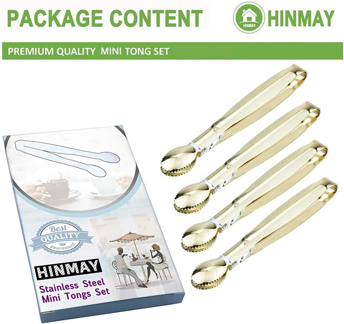 HINMAY Mini Appetizer Tongs 5.75" Stainless Steel Tongs, Set of 4 (Gold)
