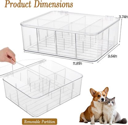 Dog Treat Organizer with Flip Lid, Acrylic Airtight Dog Treat Container, Pet Food Bin with Removable Dividers, Rectangular Dog Cat Treat Bin for Dog Cat Bird and other Pet
