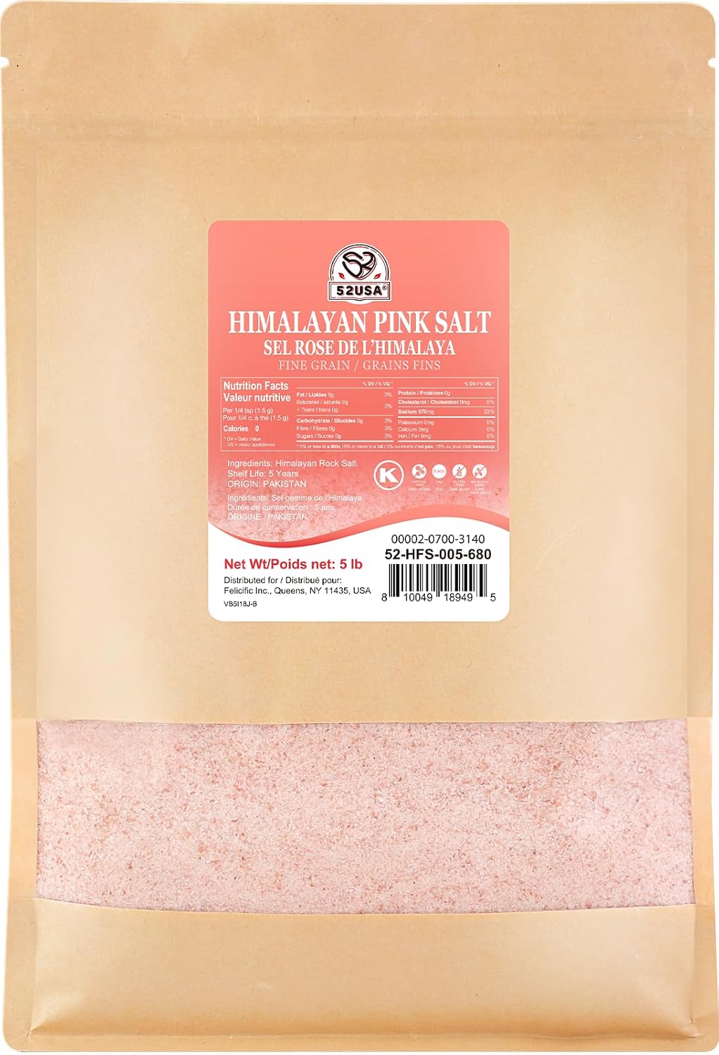 52USA Himalayan Pink Salt, Coarse Grain 1 lb, Salt for Grinder Refill