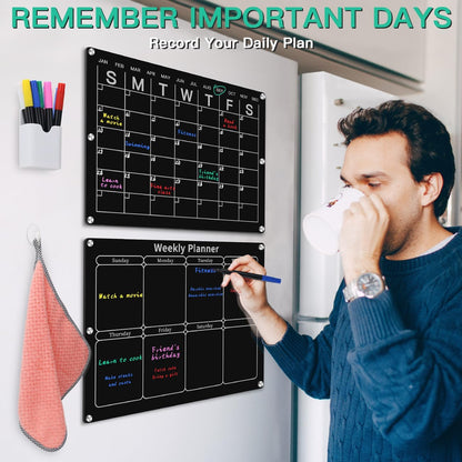 Magnetic Monthly & Weekly Fridge Calendar - Black Dry Erase Acrylic Refrigerator Planning Board Includes 6 Colorful Markers, Pen Holder, Towel, Hook
