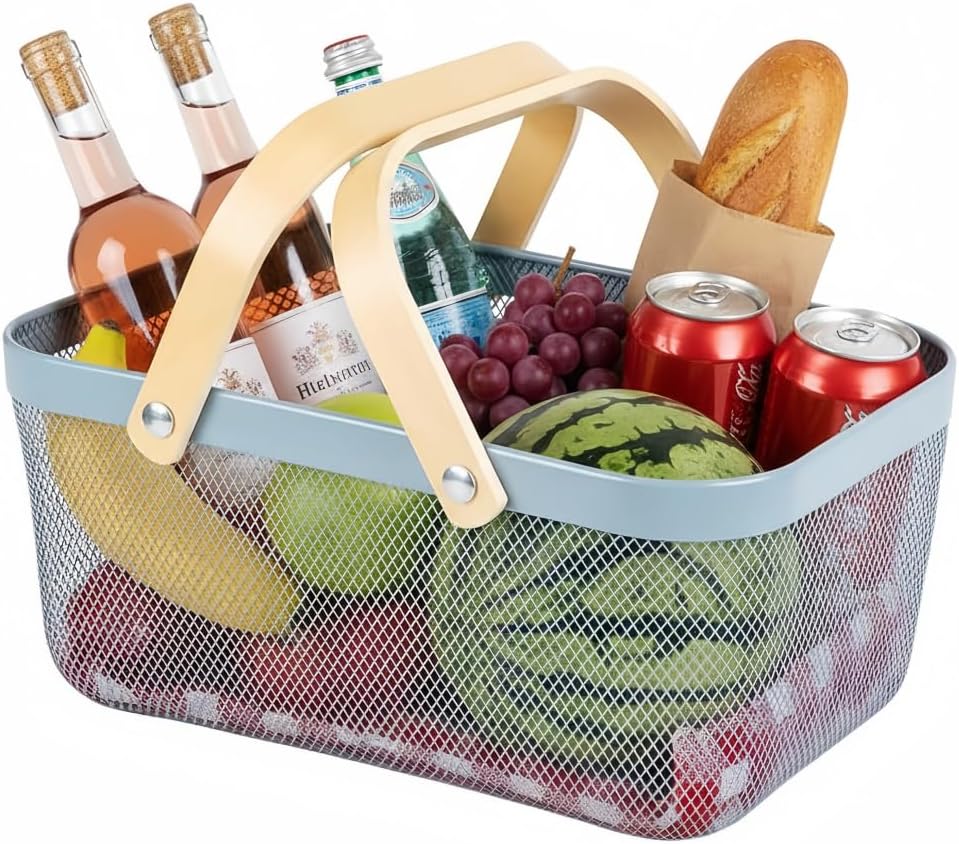 Portable Mesh Harvest Basket - Natural Bamboo Handle Foldable Organizer for Kitchen, Garden & Picnic | Ventilated Storage Bin with Rust-Proof Wire, Space-Saving Farmhouse Decor (Pink)