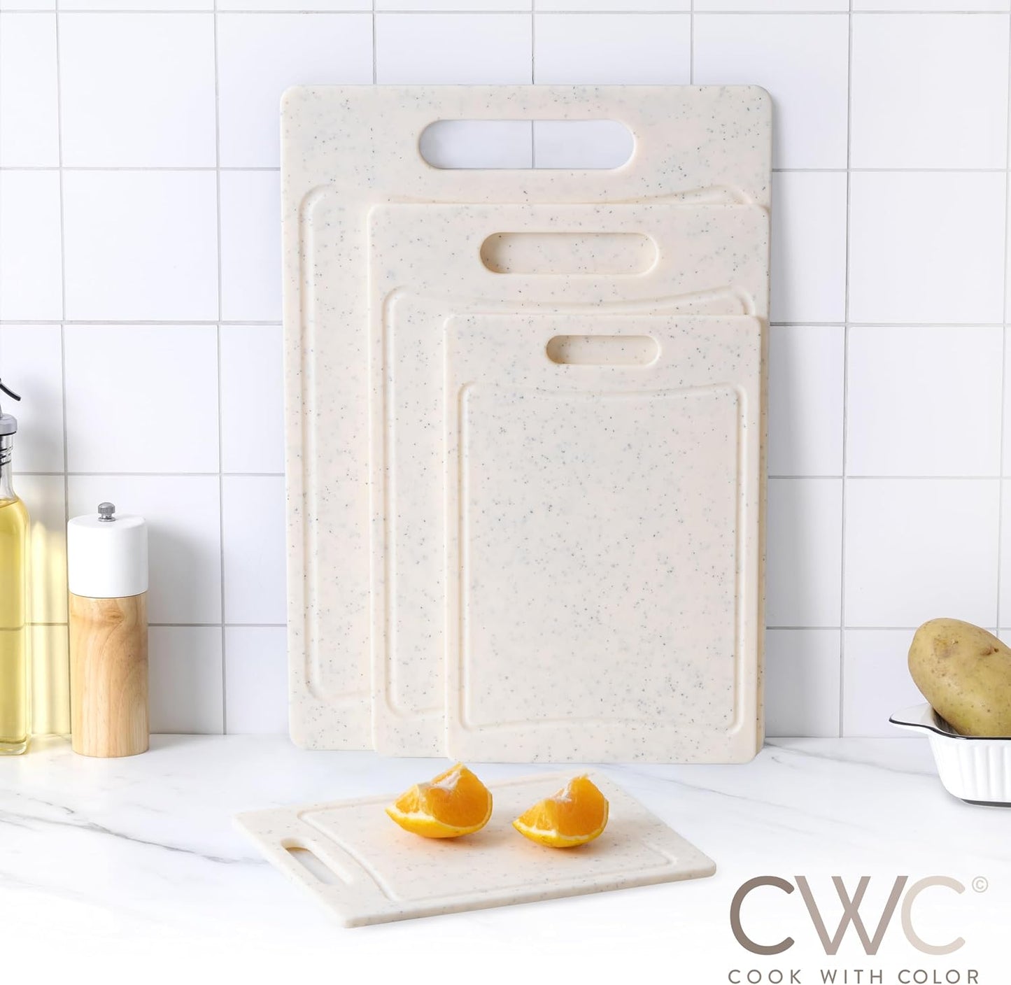 COOK WITH COLOR Non-Slip Cutting Board Set – Kitchen Essentials with Easy Grip Handle for Meat, Veggies, and Fruits, 3 Cutting Boards, Speckled White