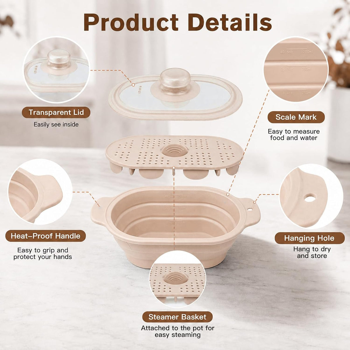 40oz Silicone Microwave Steamer For Cooking Food, Vegetable Steamer, Grey