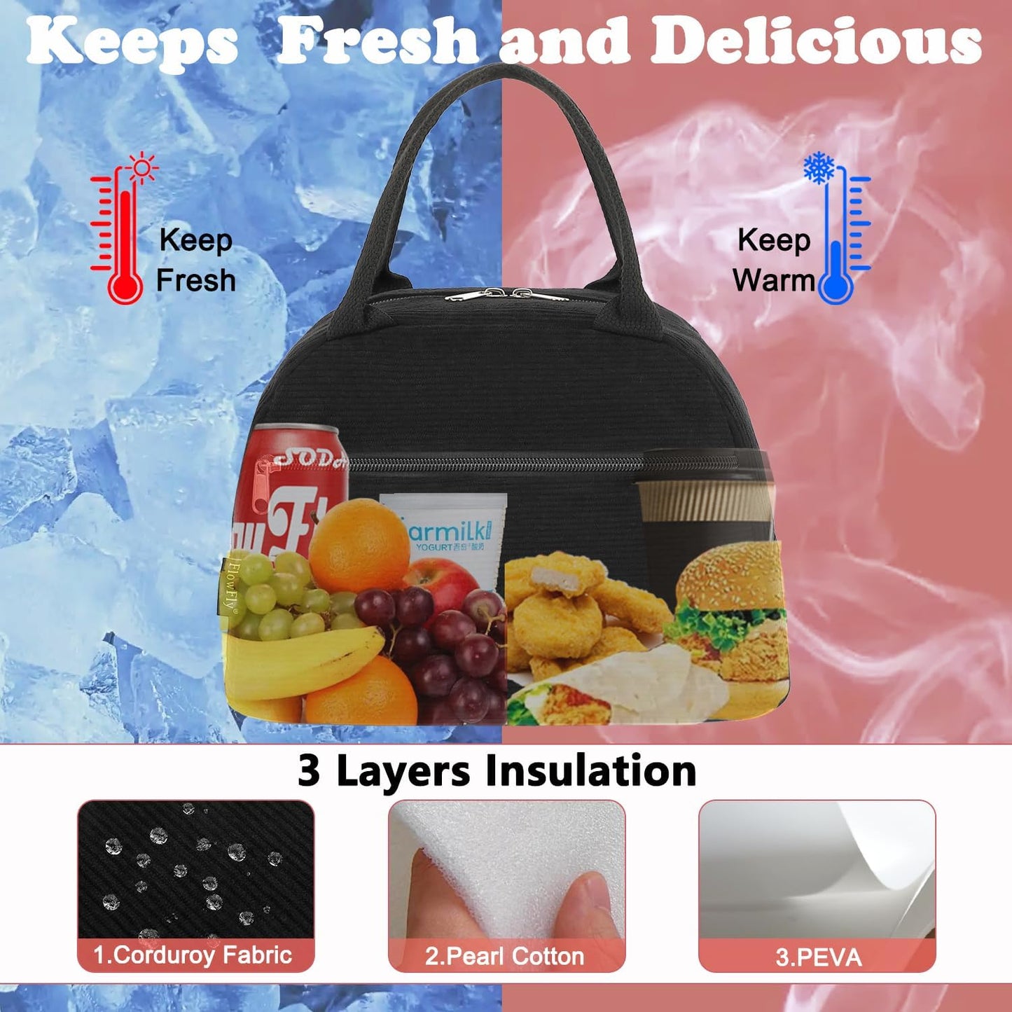GYEUKHAM Lunch Bag Women, Lunch Box for Adult Men Kids Girls, Small Cute Lunchbox Tote Large Capacity Insulated Lunch Container Cooler for Work School Picnic Travel, Black White Stripes