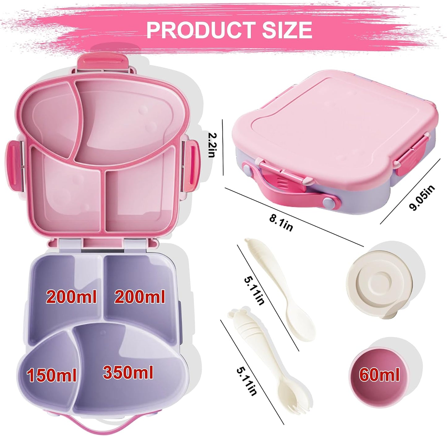 Kids Bento Lunch Box, Toast Shaped 4-Compartment 31OZ Container with Sauce Cup & Utensils (Ages 3+) Leak-Proof, Drop-Proof, Dishwasher Safe | BPA-Free Reusable Lunch Box for School, Travel | Pink