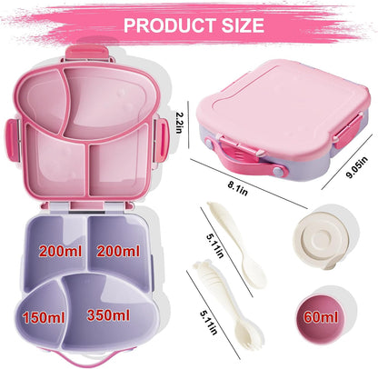 Kids Bento Lunch Box, Toast Shaped 4-Compartment 31OZ Container with Sauce Cup & Utensils (Ages 3+) Leak-Proof, Drop-Proof, Dishwasher Safe | BPA-Free Reusable Lunch Box for School, Travel | Pink