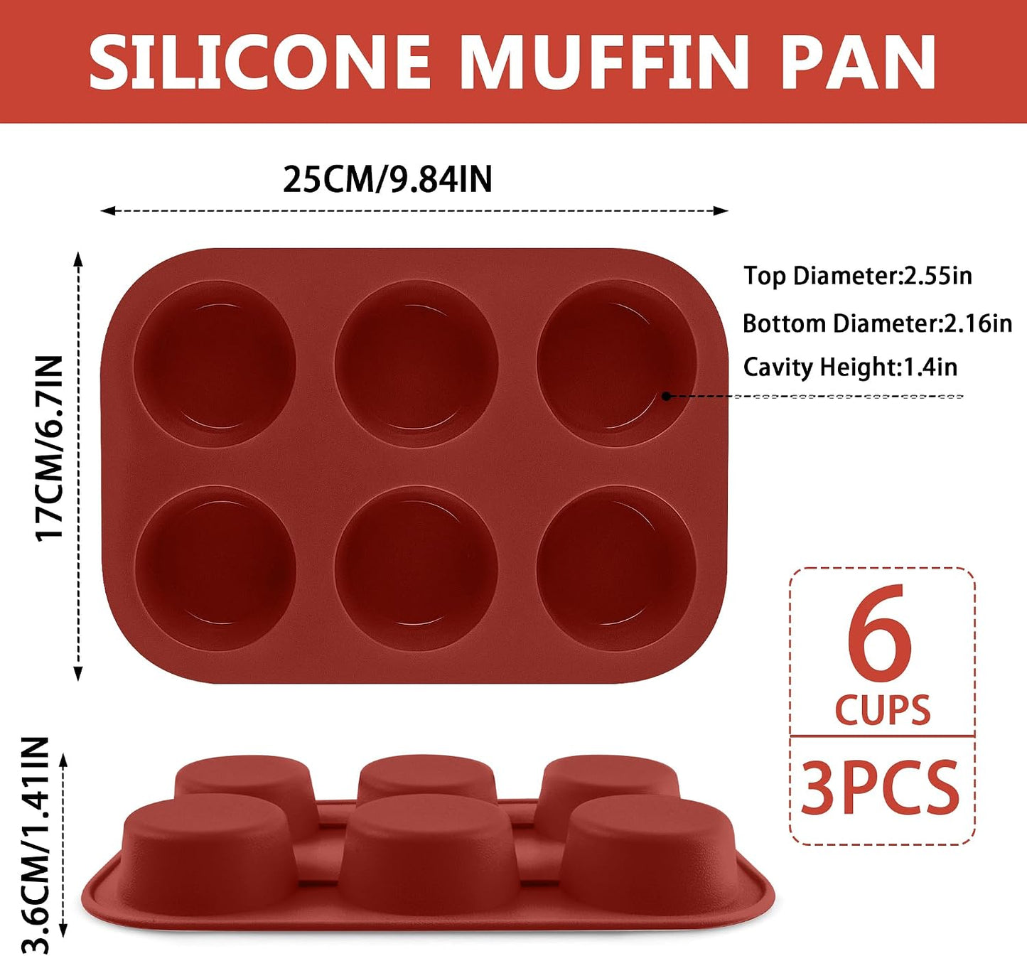 3-Pack 6-Cup Silicone Muffin Pans, Nonstick Cupcake Baking Molds, Muffin Cupcake Pans Molds for Baking, BPA/PFA-Free, Dishwasher & Oven Safe Pumpkin