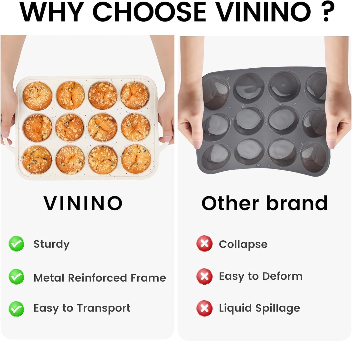 Vinino 2Pack Silicone Muffin Pan for Baking with Metal Reinforced Frame, 12 Cup Regular Size Cupcake Pan, BPA Free Silicone Muffin Tray, Cupcake Baking Pan Bite Molds for Oven Dishwasher Safe