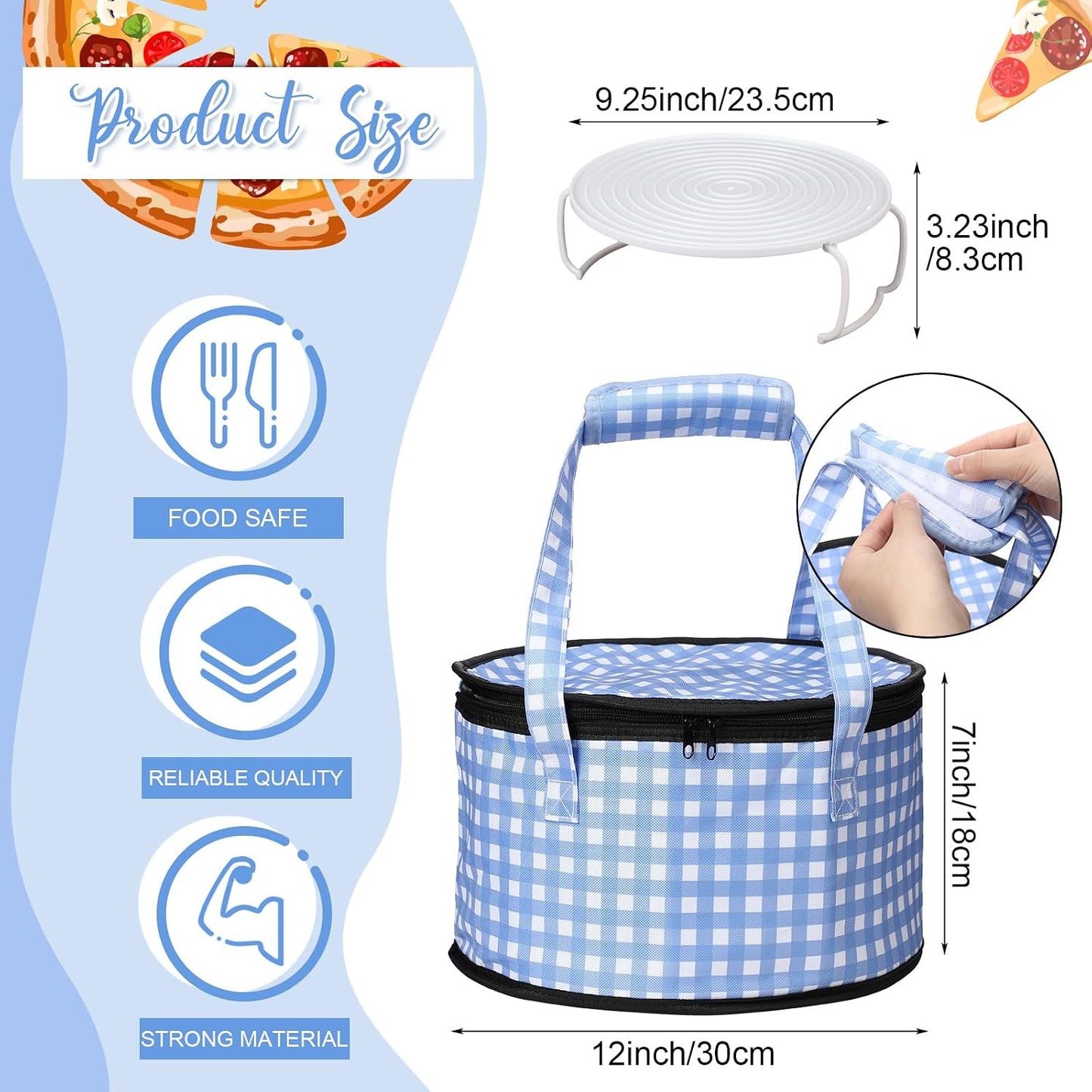Pickmesh Round Pie Carrier 12 x 7 Inch Insulated Casserole Carriers with Lid and Detachable Handle Cake Carrier for Hot or Cold Food Transport Thanksgiving Christmas Gift (Blue and White Plaid)