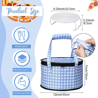 Pickmesh Round Pie Carrier 12 x 7 Inch Insulated Casserole Carriers with Lid and Detachable Handle Cake Carrier for Hot or Cold Food Transport Thanksgiving Christmas Gift (Blue and White Plaid)