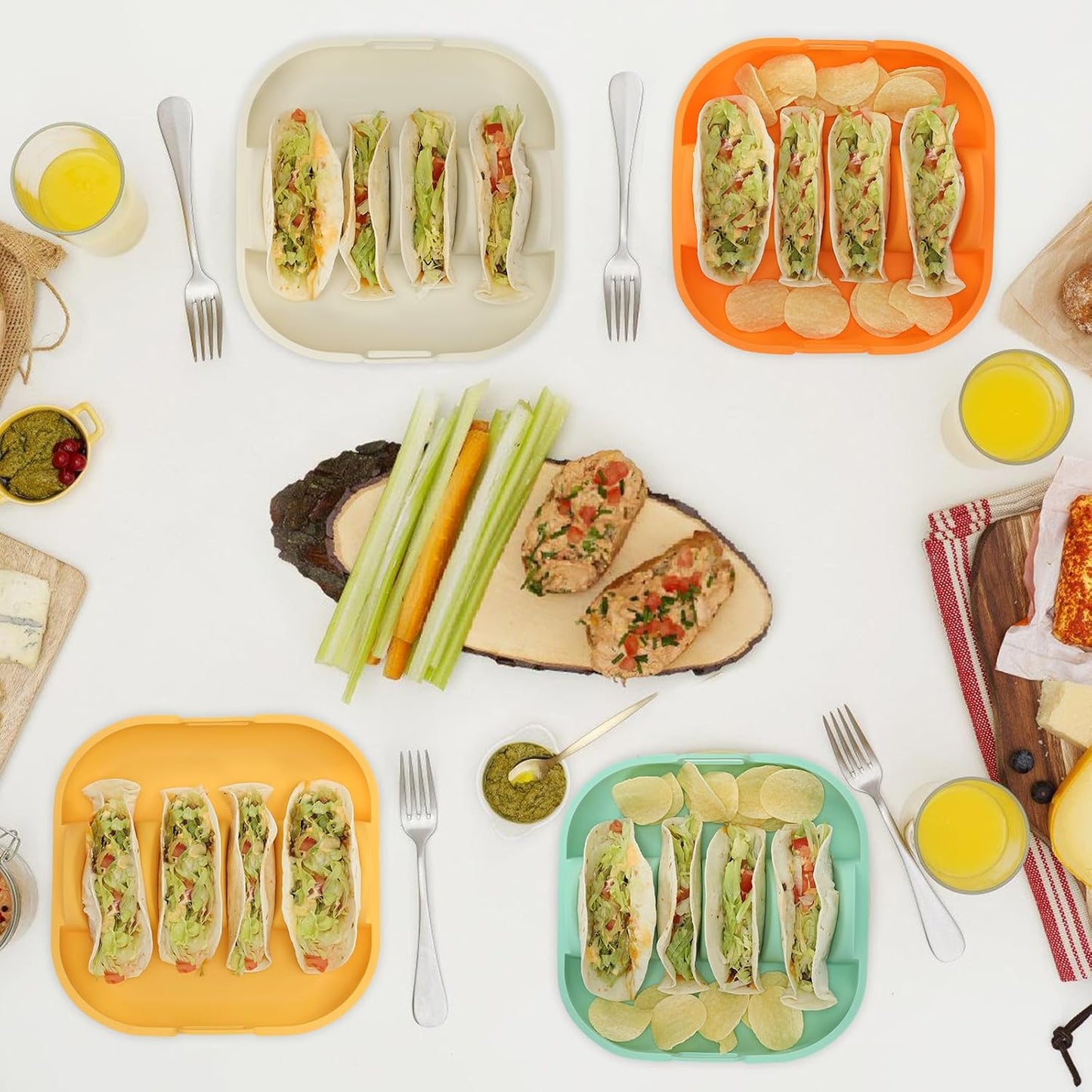 Silicone Taco Holder Set of 2,10.2in Reusable Taco Plates with Dividers,Fiesta Tacos Holder Tray.Taco Tuesday Kit,Dishwasher & Microwave Safe (2, BLUE+GREEN)