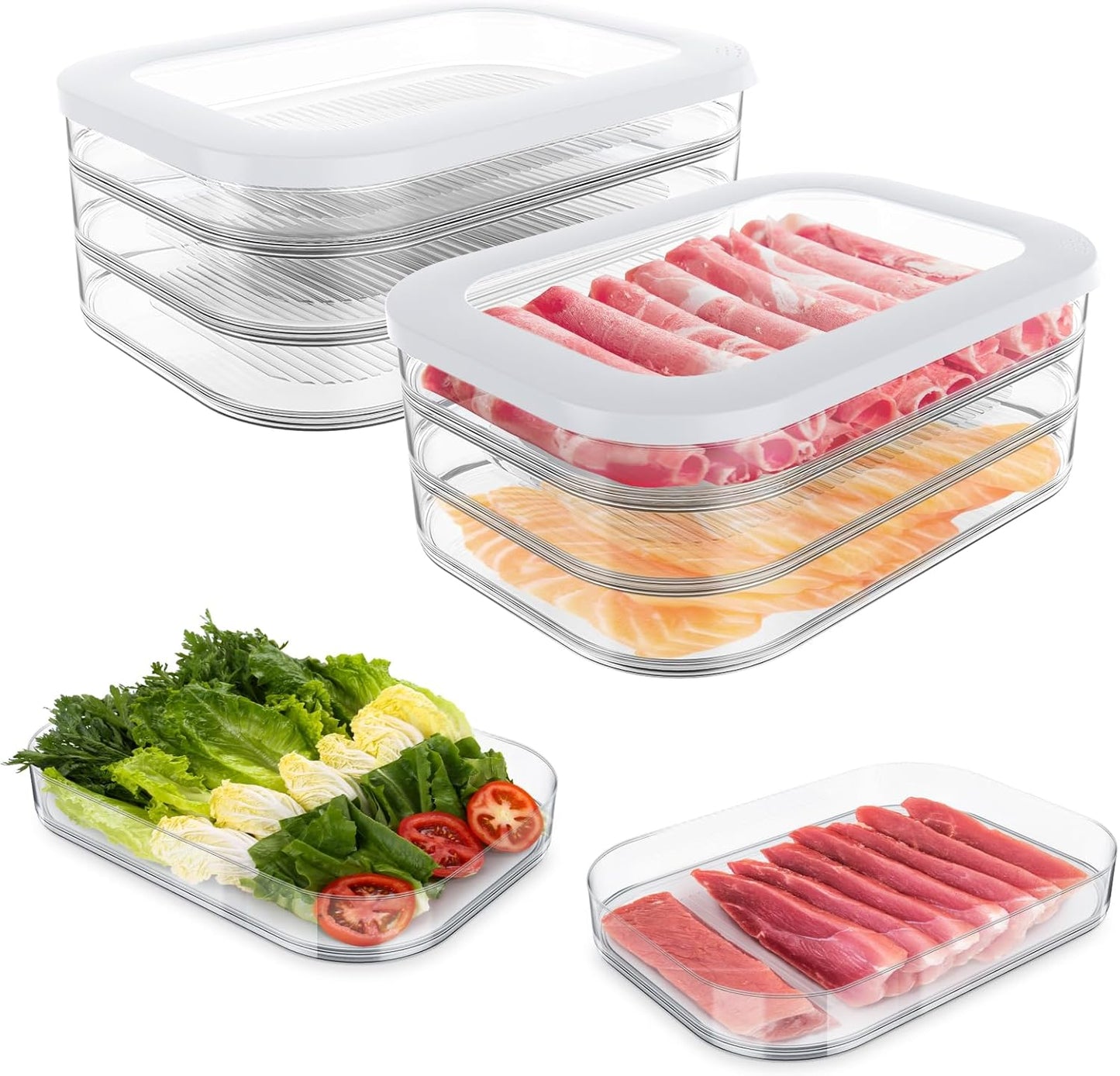 Cecnamt Stackable Deli Meat Container with Drainage Groove and Silicone Lid, Clear Refrigerator Storage Containers for Lunch Meats, Cold Cuts, Bacon, Cheese, BPA Free - 3 Layer