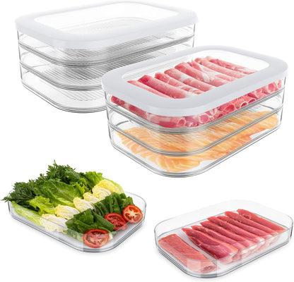 Cecnamt Stackable Deli Meat Container with Drainage Groove and Silicone Lid, Clear Refrigerator Storage Containers for Lunch Meats, Cold Cuts, Bacon, Cheese, BPA Free - 3 Layer