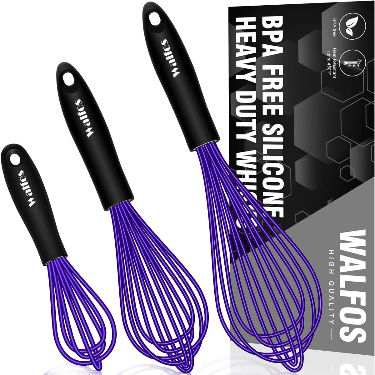 Walfos Silicone Whisk,Stainless Steel Wire Whisk -Heat Resistant 480°F Kitchen Whisks for Non-stick Cookware,Balloon Egg Beater Perfect for Blending,Whisking,Beating,Frothing & Stirring,Black