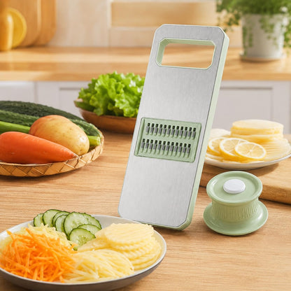 Stainless Steel Mandoline Slicer, Handheld Vegetable Cutter with Food Holder, Kitchen Slicer Shredder Grater for Potatoes, Carrots, Cucumbers and Fruit, Green (Green)