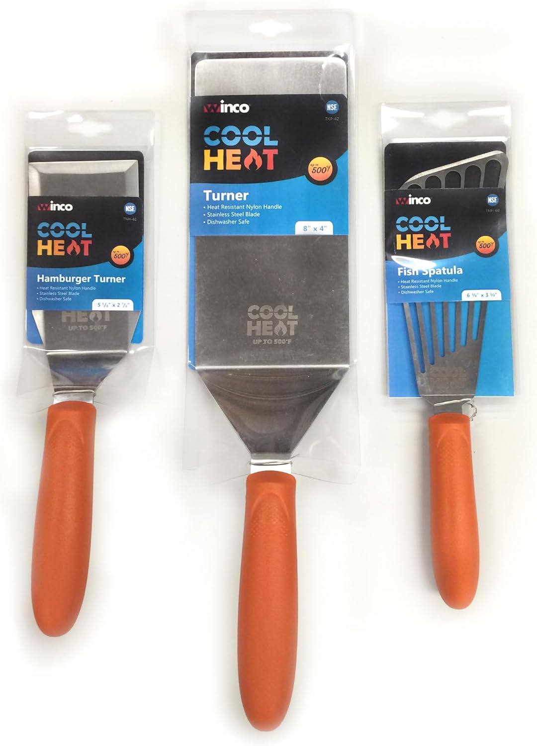 Winco 6 3/4" x 3 1/4" Orange High Heat Fish Spatula, Nylon Handle