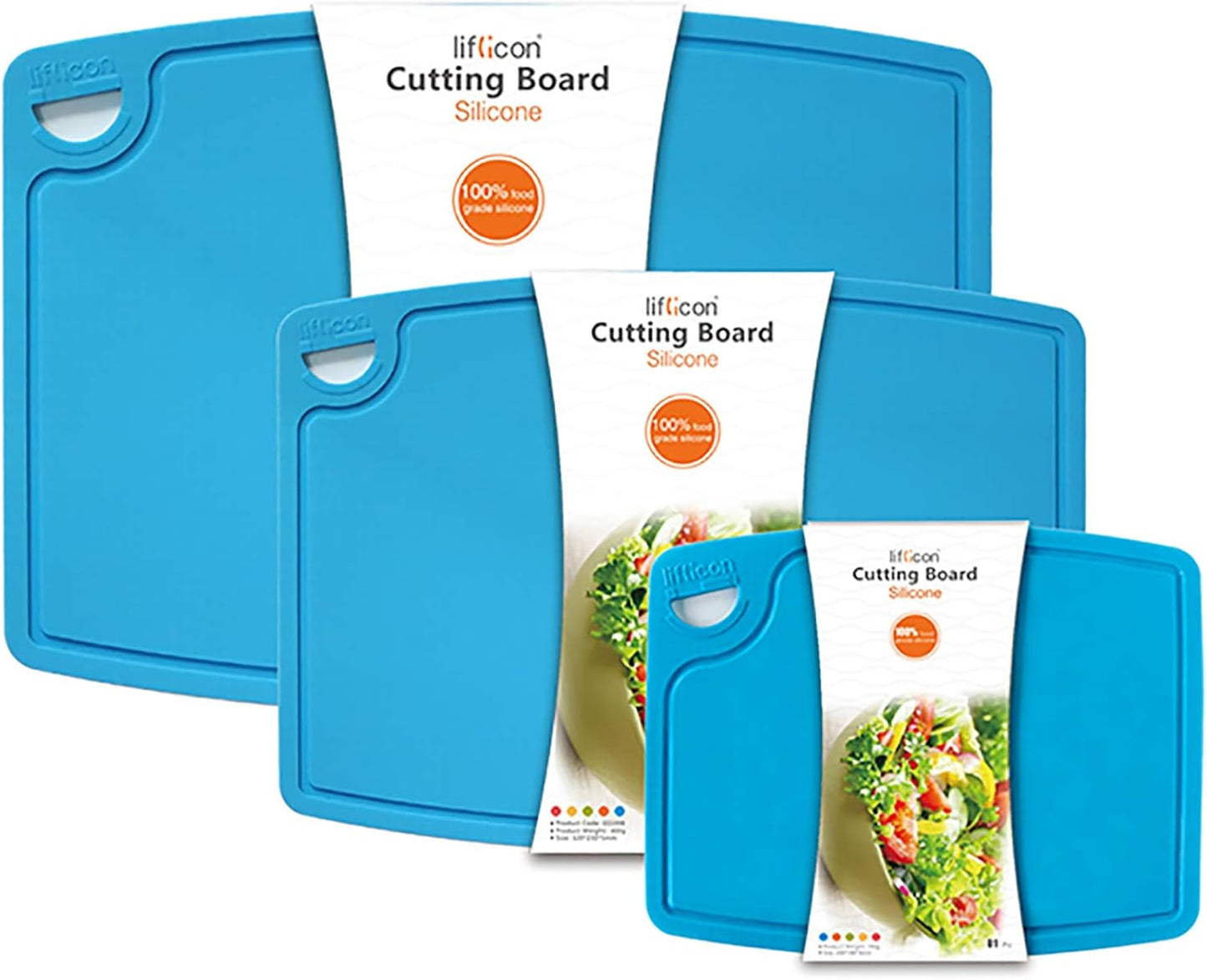 Liflicon Thick Cutting Boards for Kitchen Silicone Chopping Board Set of 2 Mid 12.6'' x 9.1”,Mini 9.1”x7.1” Non-slip Deep Drip Juice Groove Easy Grip Handle,Dishwasher Safe-Red