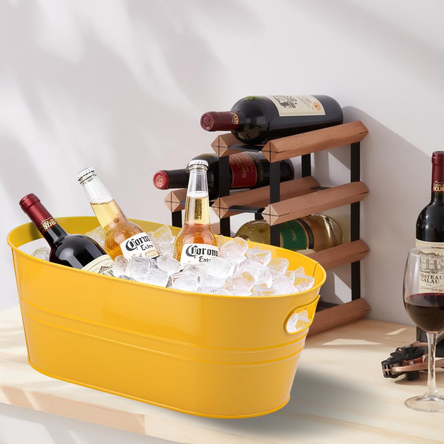 3 Pack 15.3" x 9" x 6" Yellow Metal Galvanized Tub with Handles, 3 Gallon Large Beverage Tubs for Parties, Beer, Wine, and Cocktails, Rust-Proof and Durable Ice Buckets