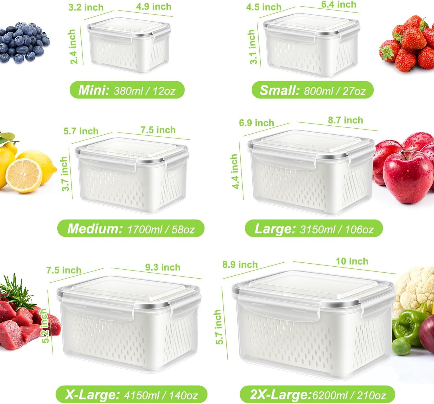 10 Pieces Fruit Storage Container for Fridge, 5 Pack Plastic Fruit Containers for Fridge with Removable Colander, Container for Fruit Berry Salad, BPA Free Kitchen Refrigerator Organizers