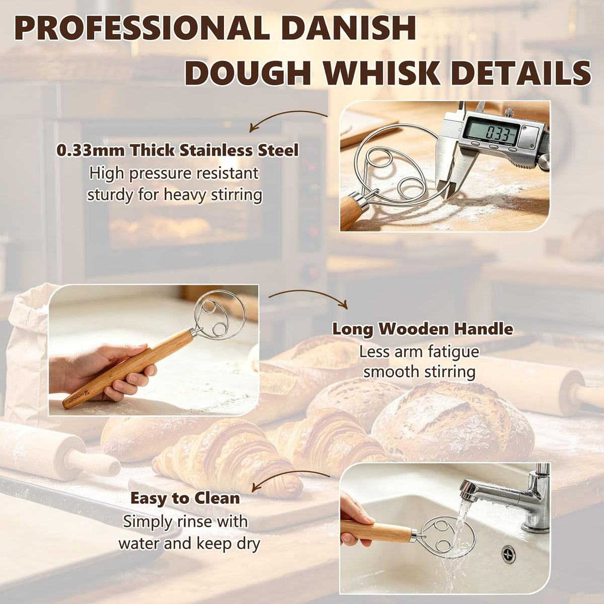 13-Inch Danish Dough Whisk Set, Sourdough Tools for Bread Making