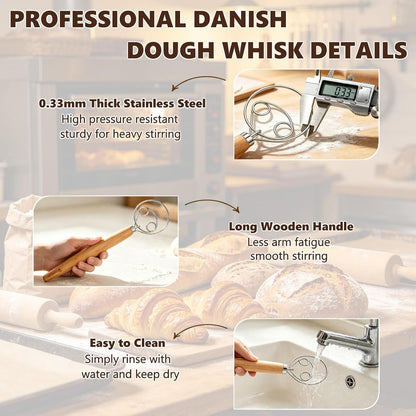 13-Inch Danish Dough Whisk Set, Sourdough Tools for Bread Making