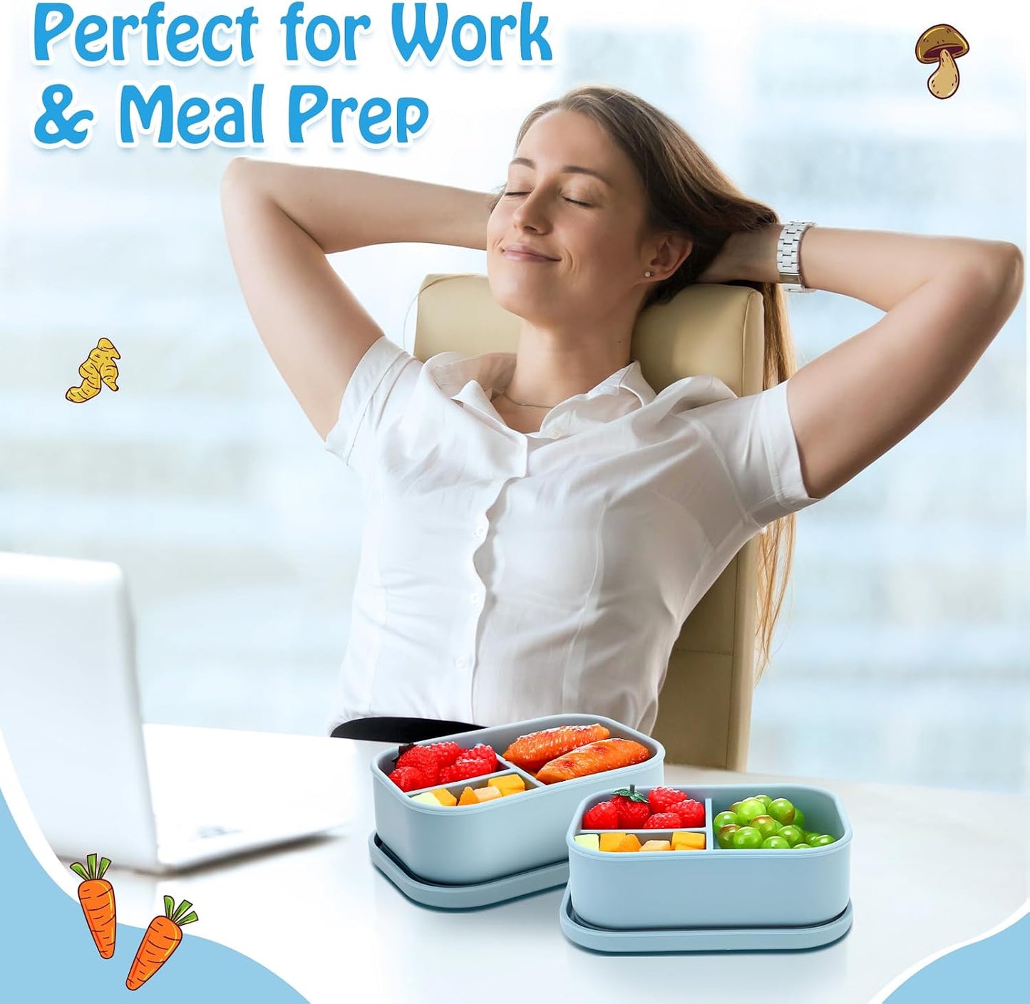Honeydak 6 Pcs Silicone Bento Box Reusable Silicone Bento Lunch Container for Adults Microwave Dishwasher Freezer Safe 3 Compartment (Light Colors)