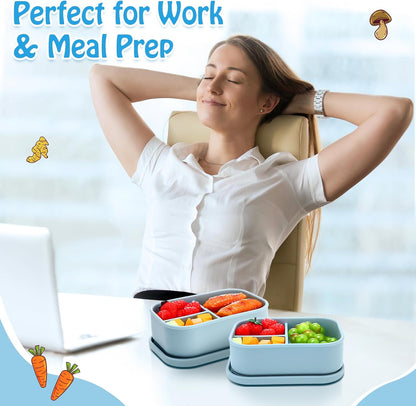 Honeydak 6 Pcs Silicone Bento Box Reusable Silicone Bento Lunch Container for Adults Microwave Dishwasher Freezer Safe 3 Compartment (Light Colors)