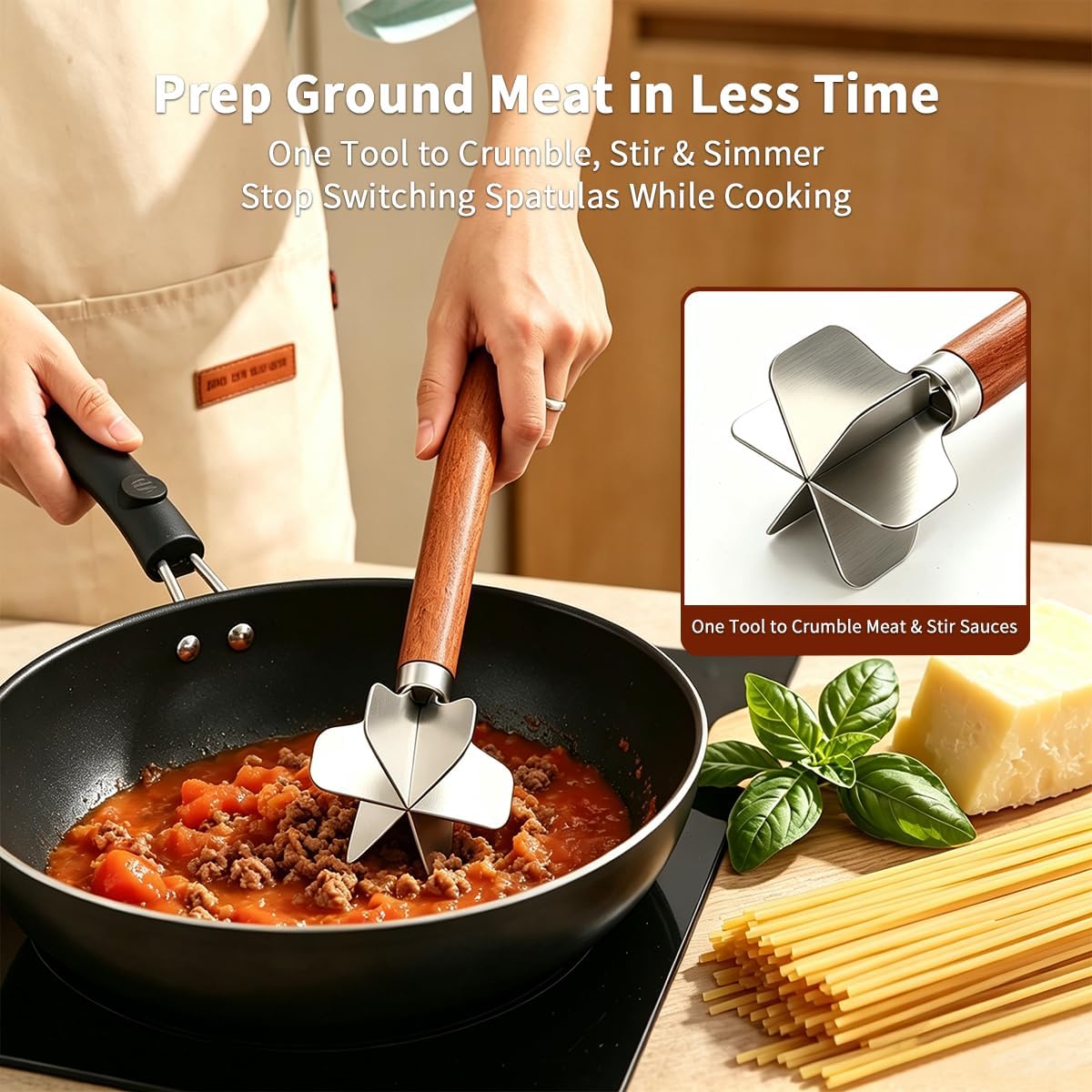 Kyraton Meat Chopper, Stainless Steel Hamburger Grinder With Wood Handle, Premium Heat Resistant Smasher for Ground Beef, Burger Potato Masher Mix Tool, Meat & Poultry Tenderizers