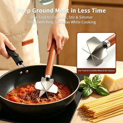 Kyraton Meat Chopper, Stainless Steel Hamburger Grinder With Wood Handle, Premium Heat Resistant Smasher for Ground Beef, Burger Potato Masher Mix Tool, Meat & Poultry Tenderizers