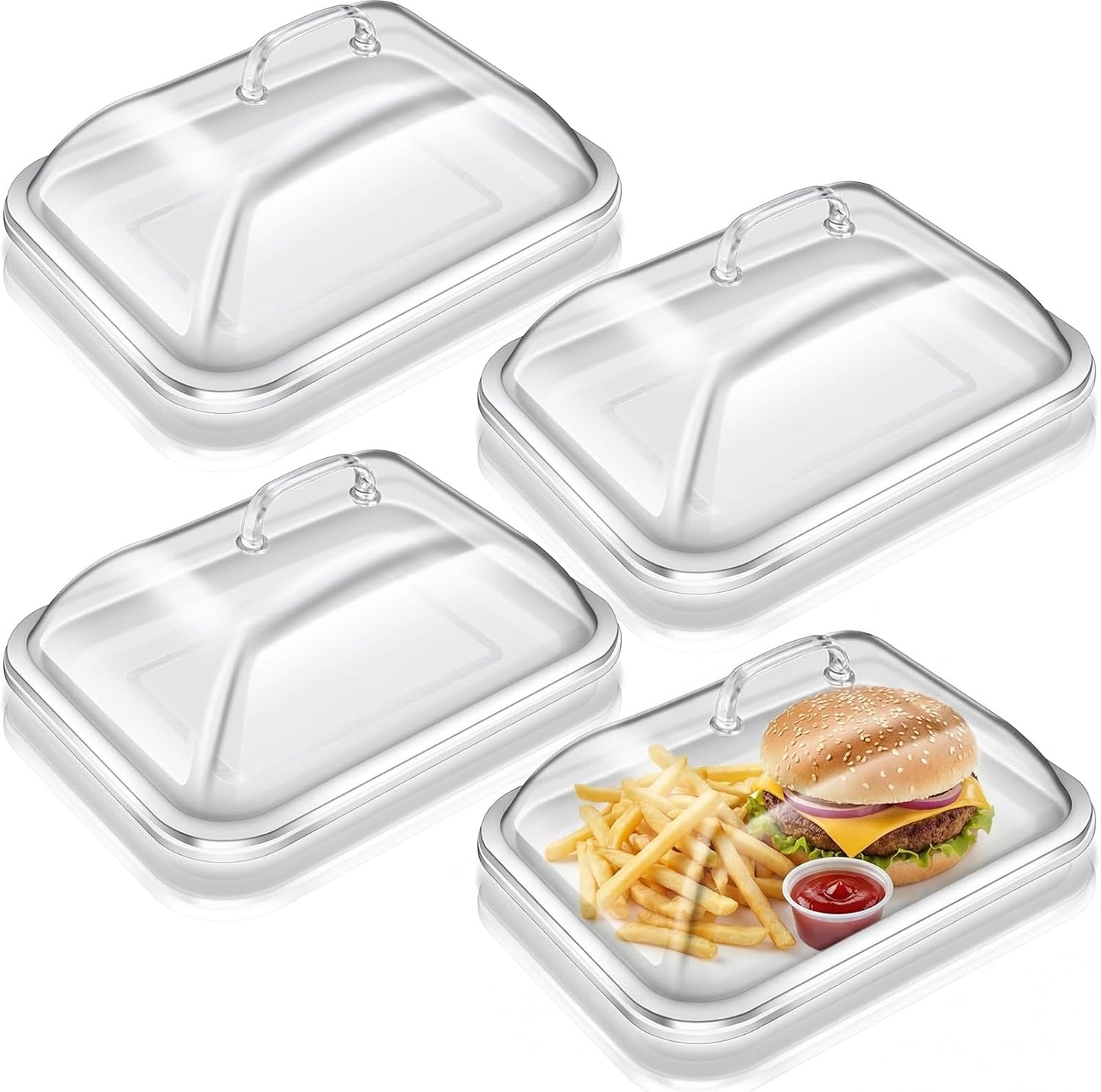 4 Pack Clear Acrylic Serving Tray with Dome Lid Rectangular Food Tray for Cake Dessert Buffet Serving Food Banquets Parties Restaurant Display,10.83 x 8.46 x 5.59 in