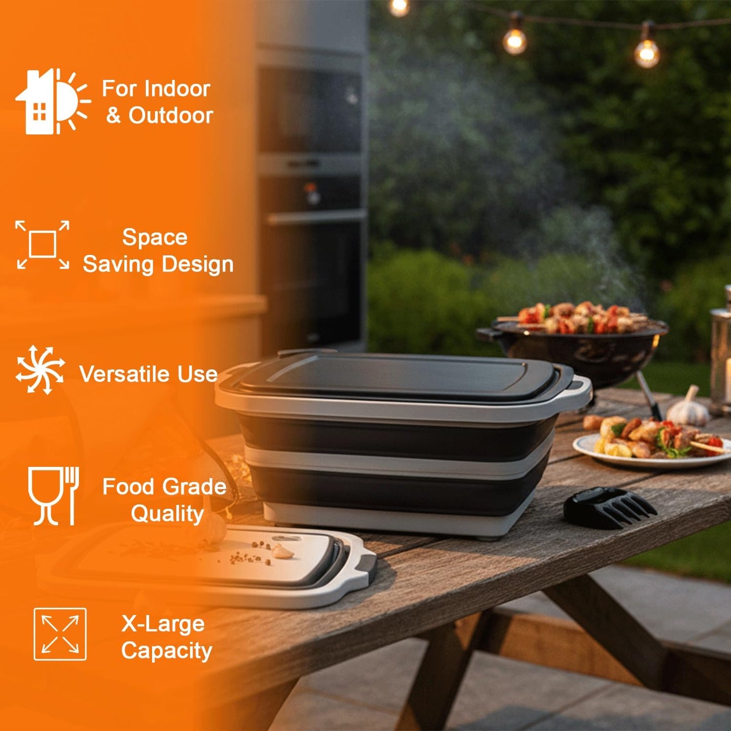 BBQ Prep Tub | Meat Prep Tub with Locking Lid, 2 Meat Shredder Claws & BBQ Mitts Collapsible with Cutting Board, Drain Plug Portable for Camping & Grill Design Picnic,Marinating Meat,Gift For Mothers