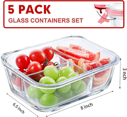 VERONES 5 Pack Glass Meal Prep Containers 3 Compartment Set, 36OZ Airtight Glass Lunch Containers, Glass Food Storage Containers with Lids, for Microwave, Oven, Freezer & Dishwasher Friendly,Green