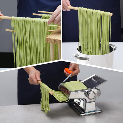 Collapsible Pasta Drying Rack, Wood Pasta Dryer Hanger Rack, Spaghetti Noodle Drying Hanging Rack Stand with 12 Bars and Transfer Wand, Foldable for Easy Storage