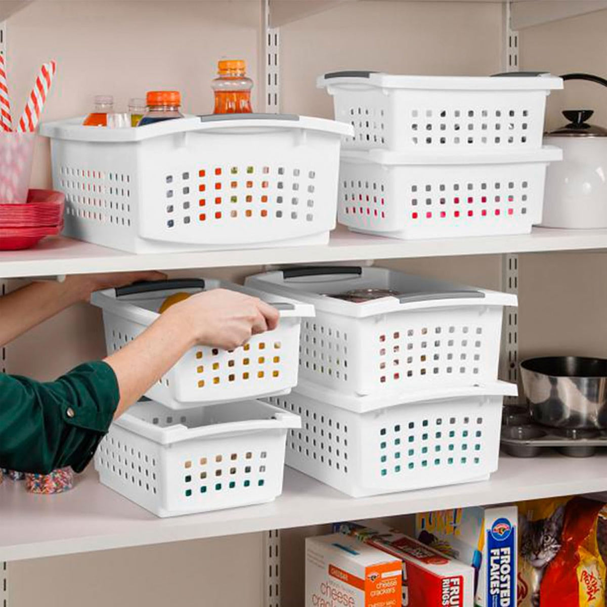 Sterilite Medium Stacking Basket, Plastic Storage Bin to Organize Countertops, Shelves, Closets, Classroom, Bathroom, and Dorm, White with Gray Handles, 4-pack