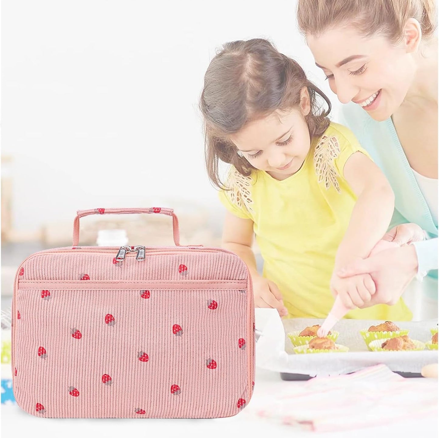 Bluboon Insulated Lunch Bag for Girls & Boys, Corduroy School Lunch Box with Cooler & Organizer Compartments, Leak-Proof Lunch Tote for School, Travel (Corduroy Strawberries Beige)