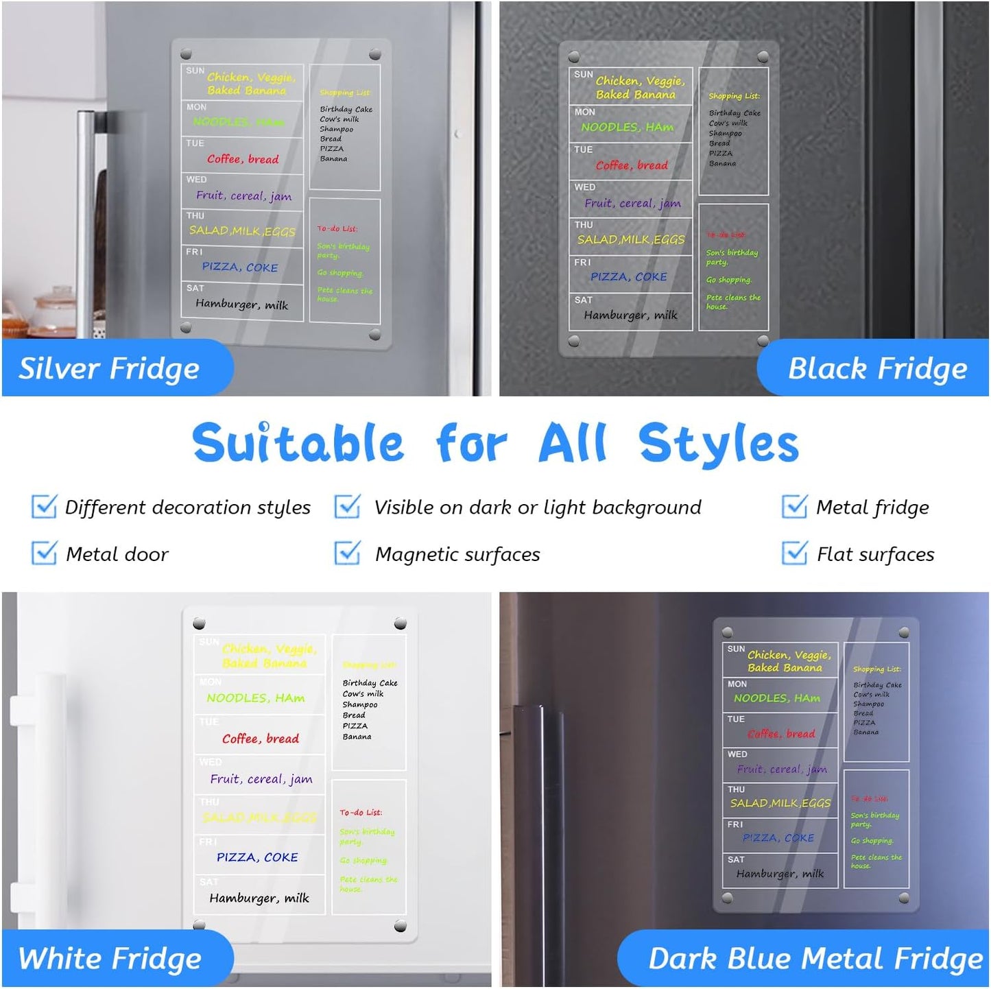 SULOLI Acrylic Magnetic Weekly Planner for Fridge, Clear Weekly Meal Planner for Refrigerator with 6 Magnetic Erasable Markers 8"x12"