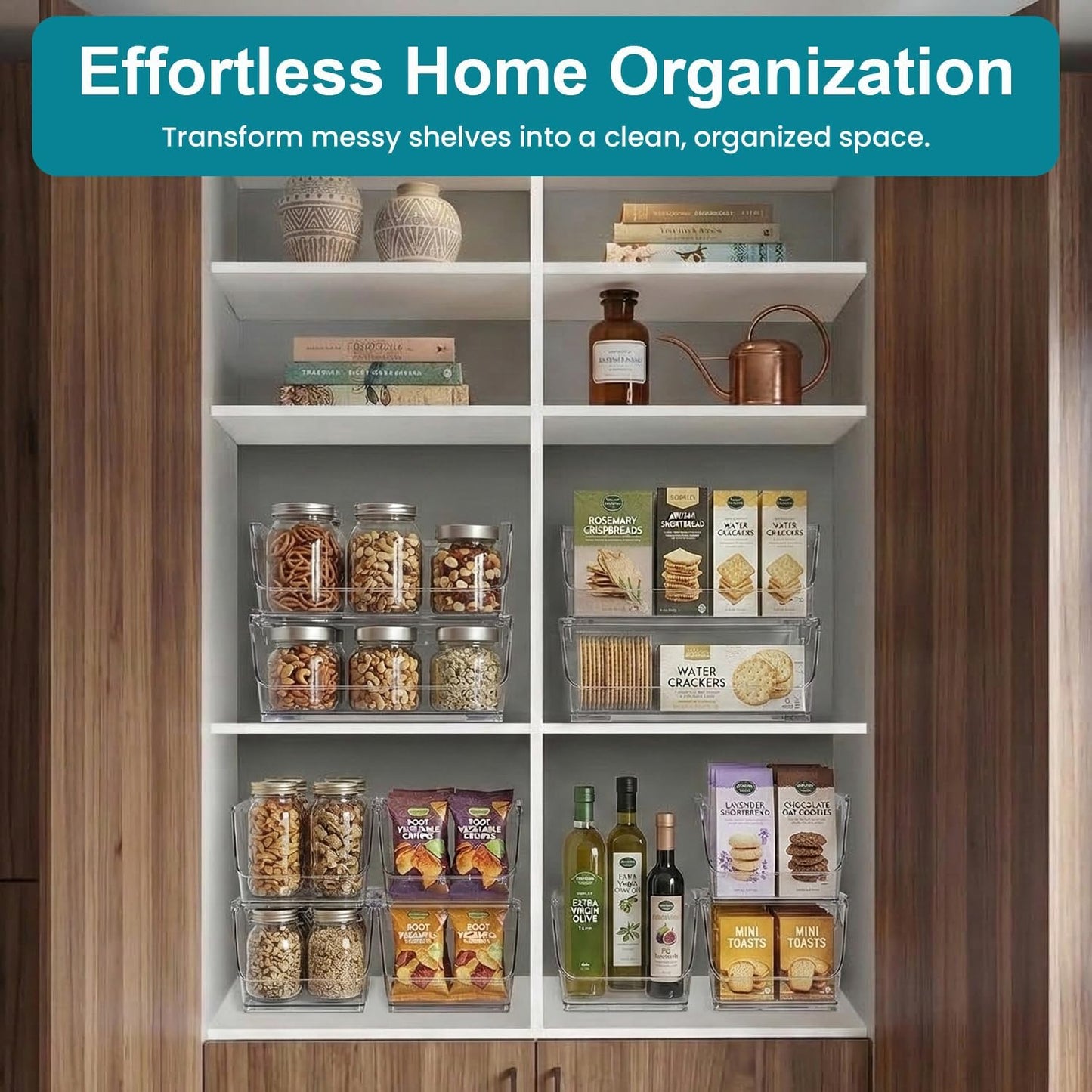 Basicwise 9-Inch Open-Front Clear Storage Bin with Easy-Grip Handle Stackable Transparent Plastic Organizer Container for Pantry Cabinet Refrigerator Drawers Closets and Shelf Organization, Medium