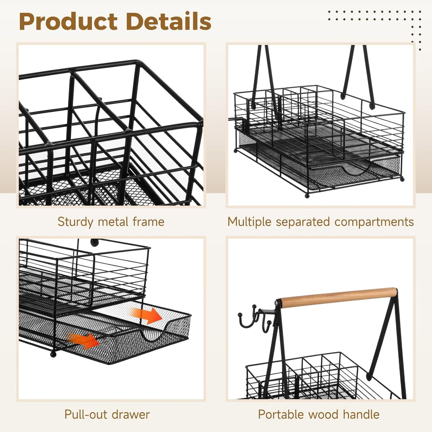 1 Pack Large Grill Caddy, BBQ Tool Organizer with Paper Towel Holder, Powder-Coated Steel Caddy Organizer, Rust-Resistant, 3 Side Hooks, Adjustable Dividers, Camping, RV, Black