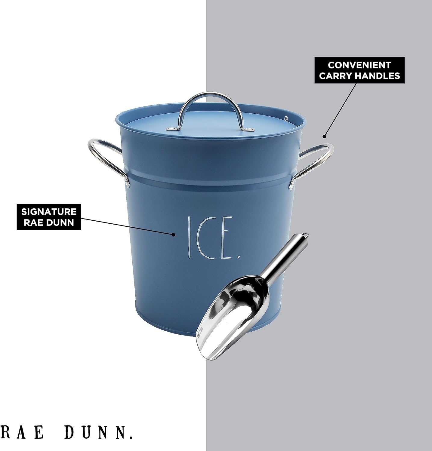 Rae Dunn Ice Bucket with Scoop - Stainless Steel Bucket with Handle, Lid and Ice Scooper - 4 Qt. Storage Bin for Ice Cubes for Bars, Parties, Backyard Barbeques, Picnics, and Camping (Black)