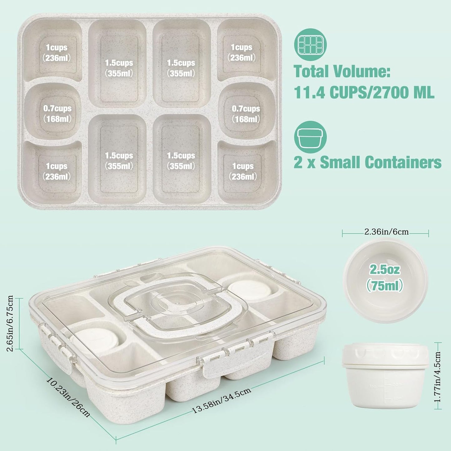 Caperci Snackle Box Container - Large 10-Compartment Divided Serving Tray with Lid and Handle, Built-in 2 Dip Containers, Dishwasher Safe, Leak-Proof, Wheat Straw, BPA-Free (White)