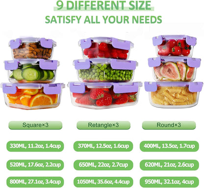 HOMBERKING 18 Piece Glass Food Storage Containers with Lids, Glass Meal Prep Containers, Airtight Lunch Bento Boxes, BPA-Free & Leak Proof, Oven, Freezer and Dishwasher Safe (9 lids & 9 Containers)