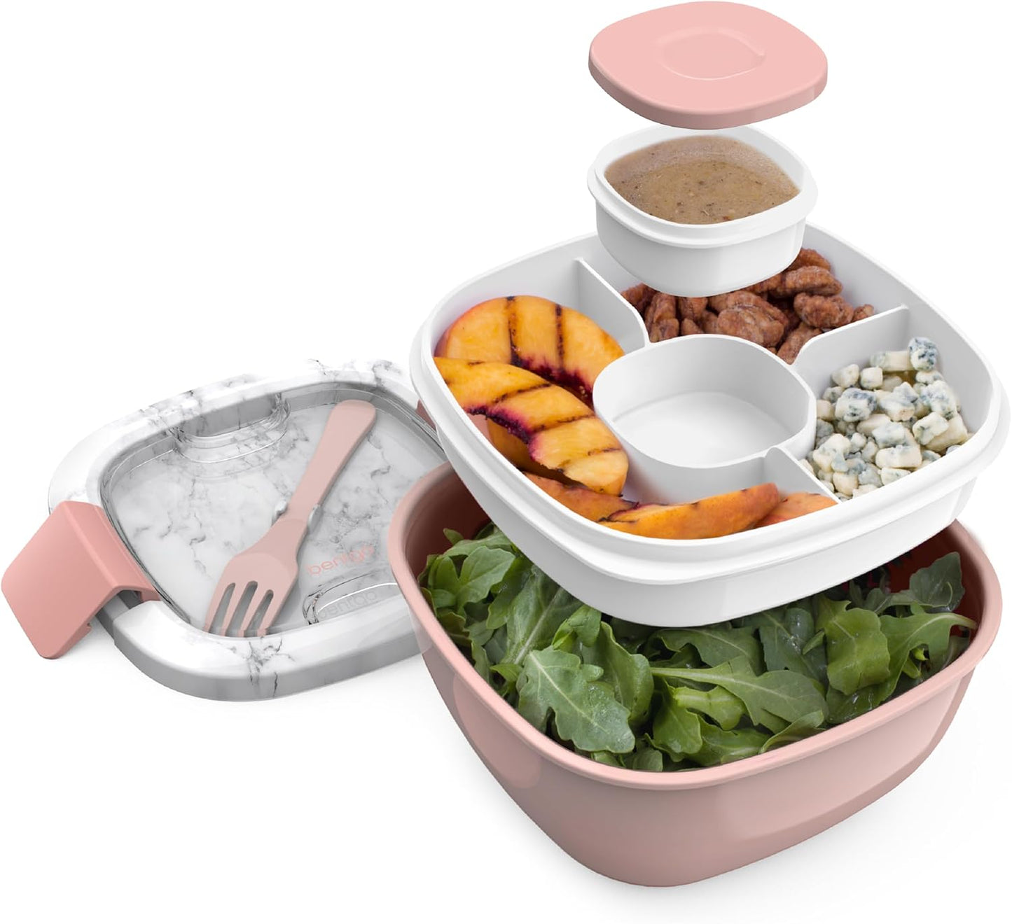 Bentgo Salad Container - 54 oz Bowl with 4-Compartment Toppings Tray, Leak-Proof Dressing Container, Reusable Fork, BPA-Free Lunch Box for Meal Prep & Food Storage; Removable Bento Tray (Khaki Green)
