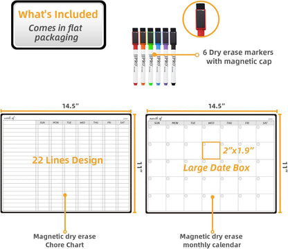 JJPRO Magnetic Monthly Calendar Whiteboard Set for Refrigerator-Monthly Planning Board, Weekly Menu Planner and to Do List for Fridge with 6 Markers-14.5" x11