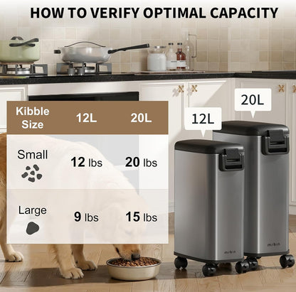 MRBIN Pet Food Bin 20 LB / 15 LB, Dog Food Storage Bin 20L with Scoop Airtight Pet Food Container Stainless Steel Large Containers with Wheels, Eclipse Grey