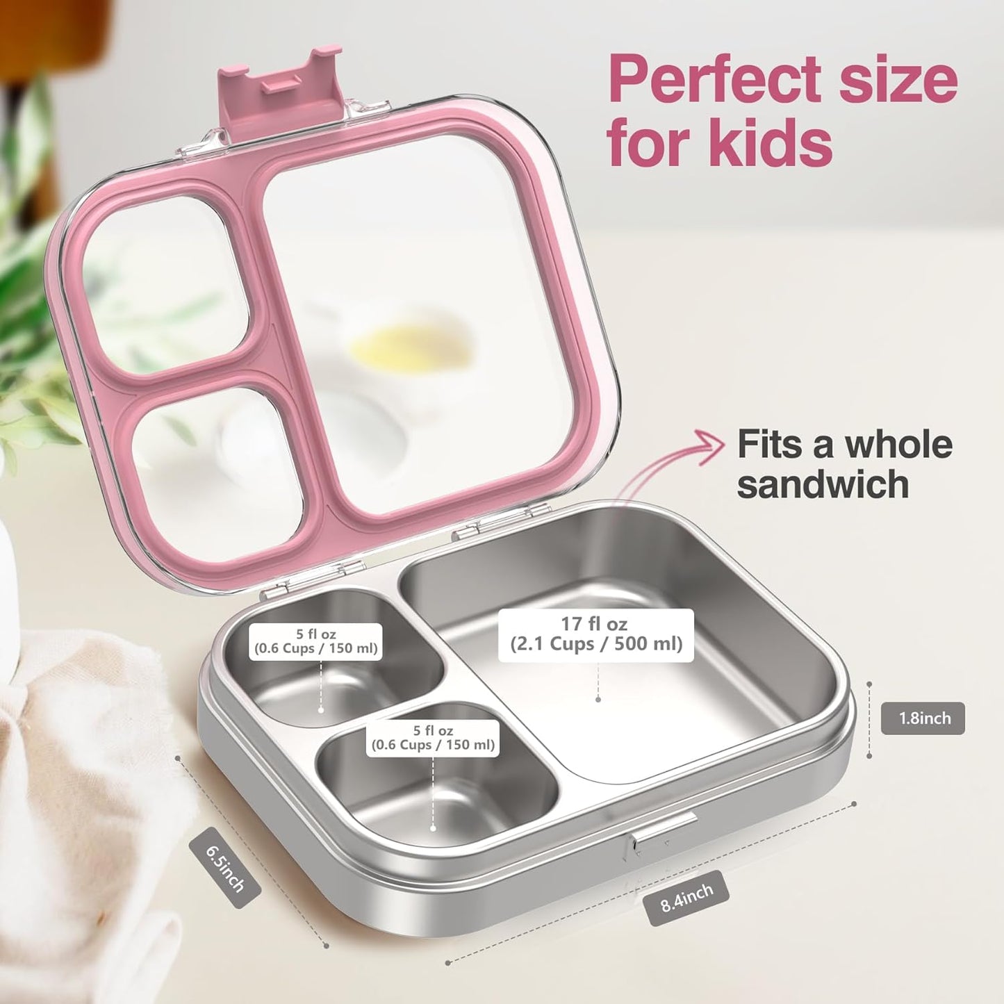 HOMEKOL Stainless Steel Bento Lunch Box, 3-Compartment Leak-Proof Lunch Container for Kids & Adults, BPA/BPS-Free 304 Metal Food Box, Dishwasher Safe, Clear Tritan Lid, Green (Not Insulated)