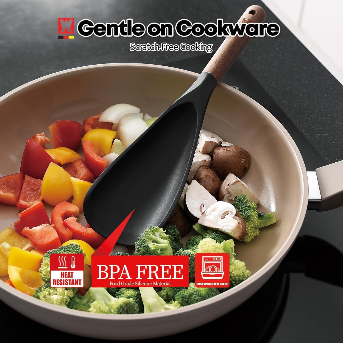Cooking Ladle: Silicone Kitchen Utensil with Long Wooden Handles, Heat Resistant Cookware, Protects Surfaces with Gentle Head Design, Portion Batter, Professional Chef Wok Soup Ladle
