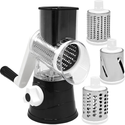 Rotary Cheese Grater with Hand Crank, 3 Blades, Clear Drum, Black